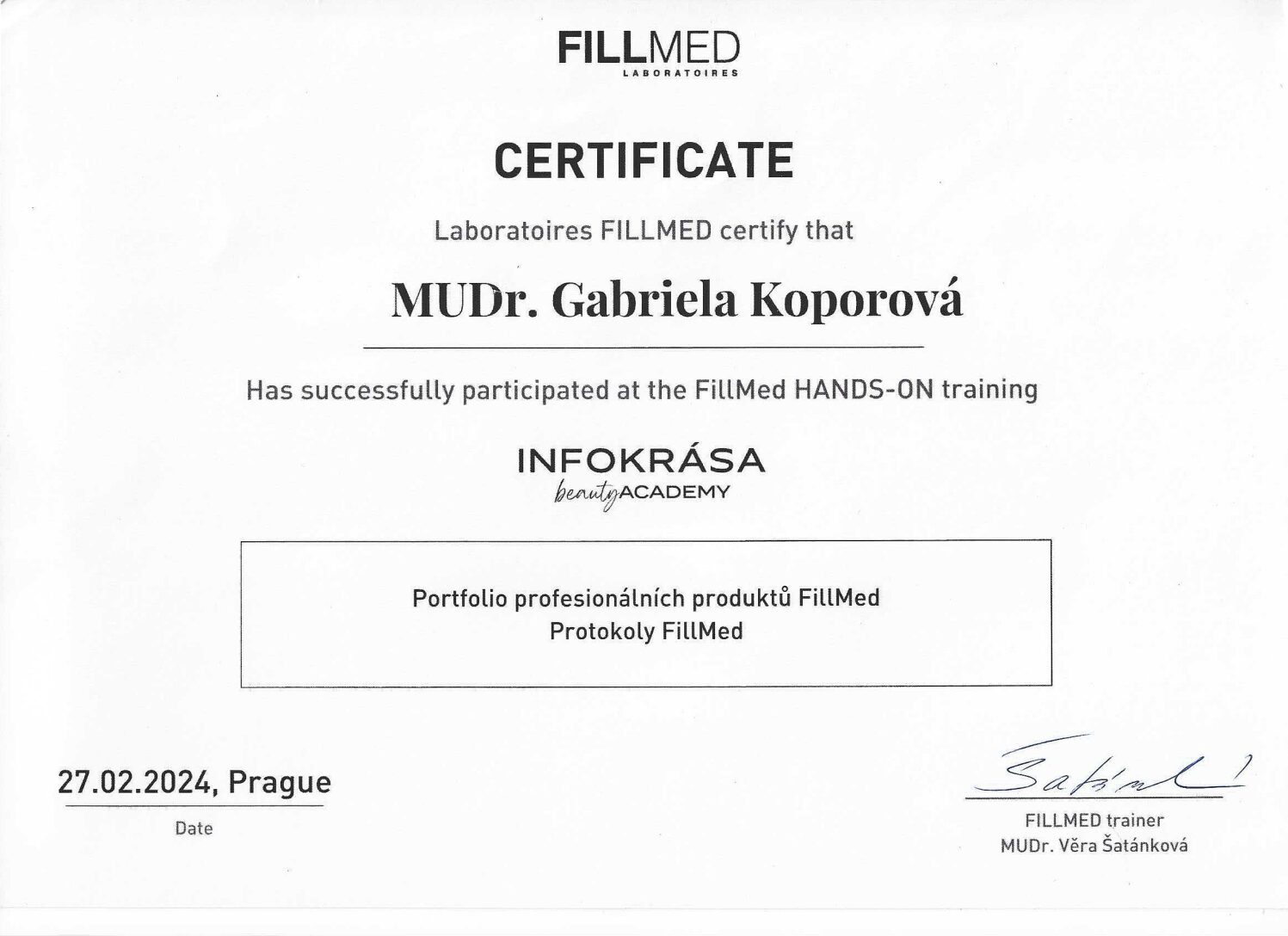 Certifikát — MUDr. Gabriela Konvičková