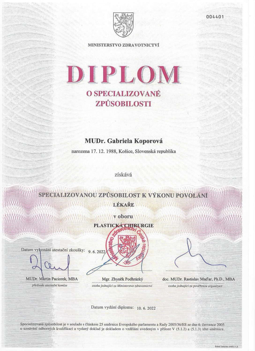 Certifikát — MUDr. Gabriela Konvičková