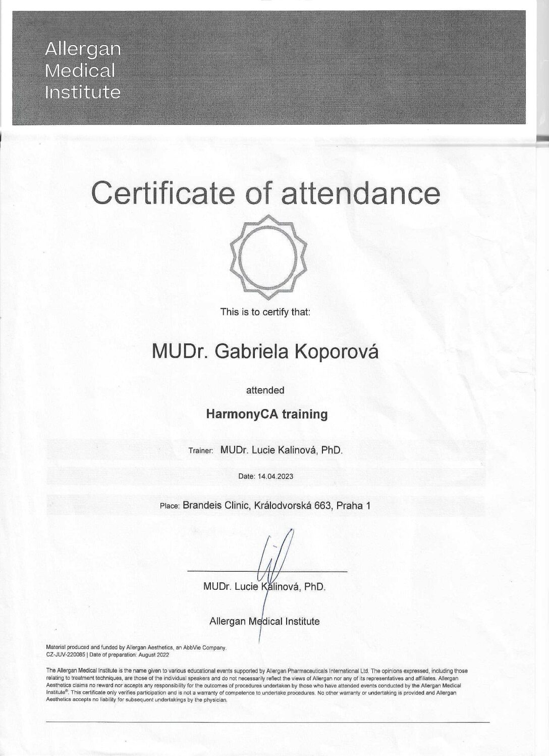 Certifikát — MUDr. Gabriela Konvičková