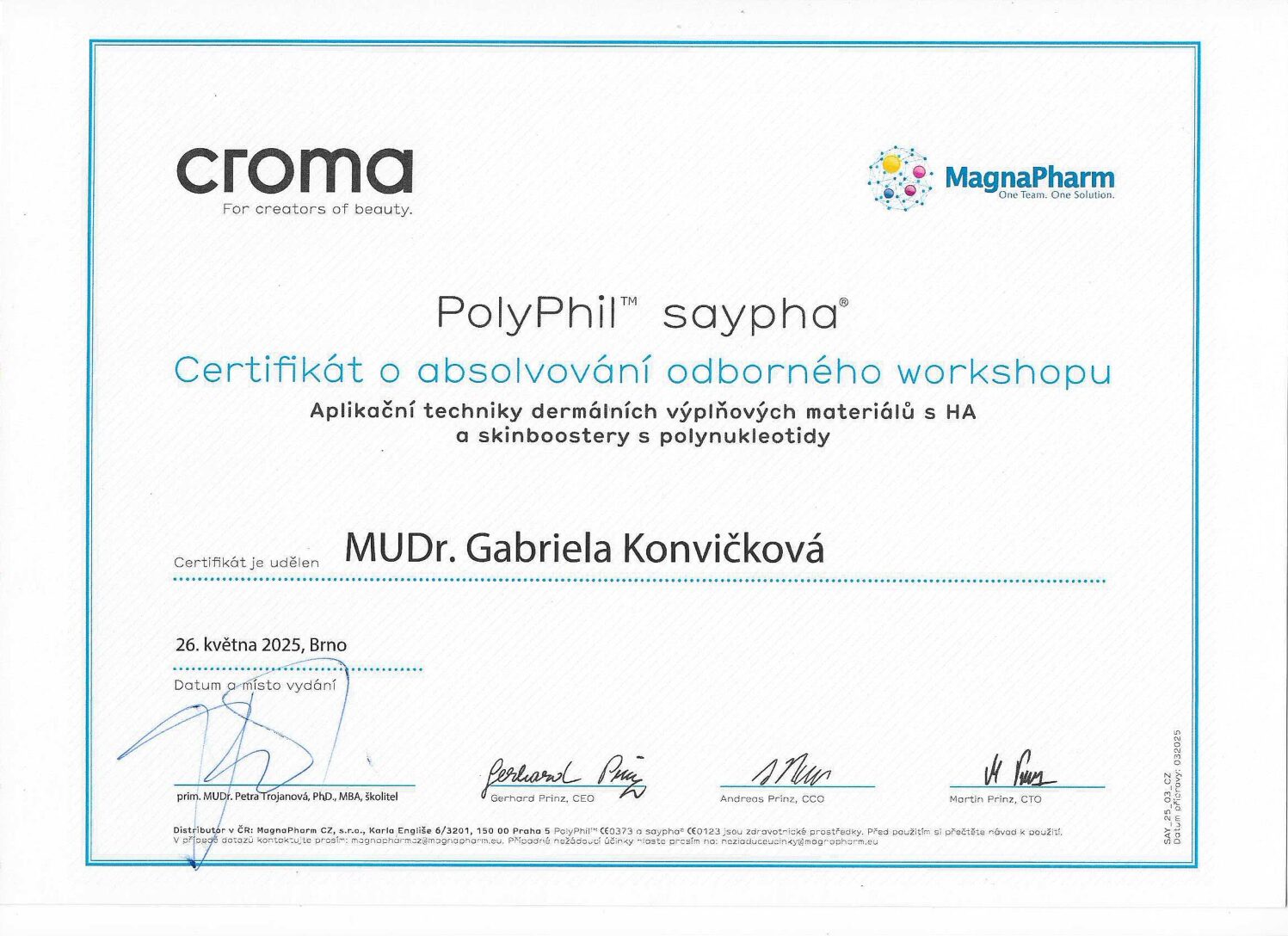 Certifikát — MUDr. Gabriela Konvičková