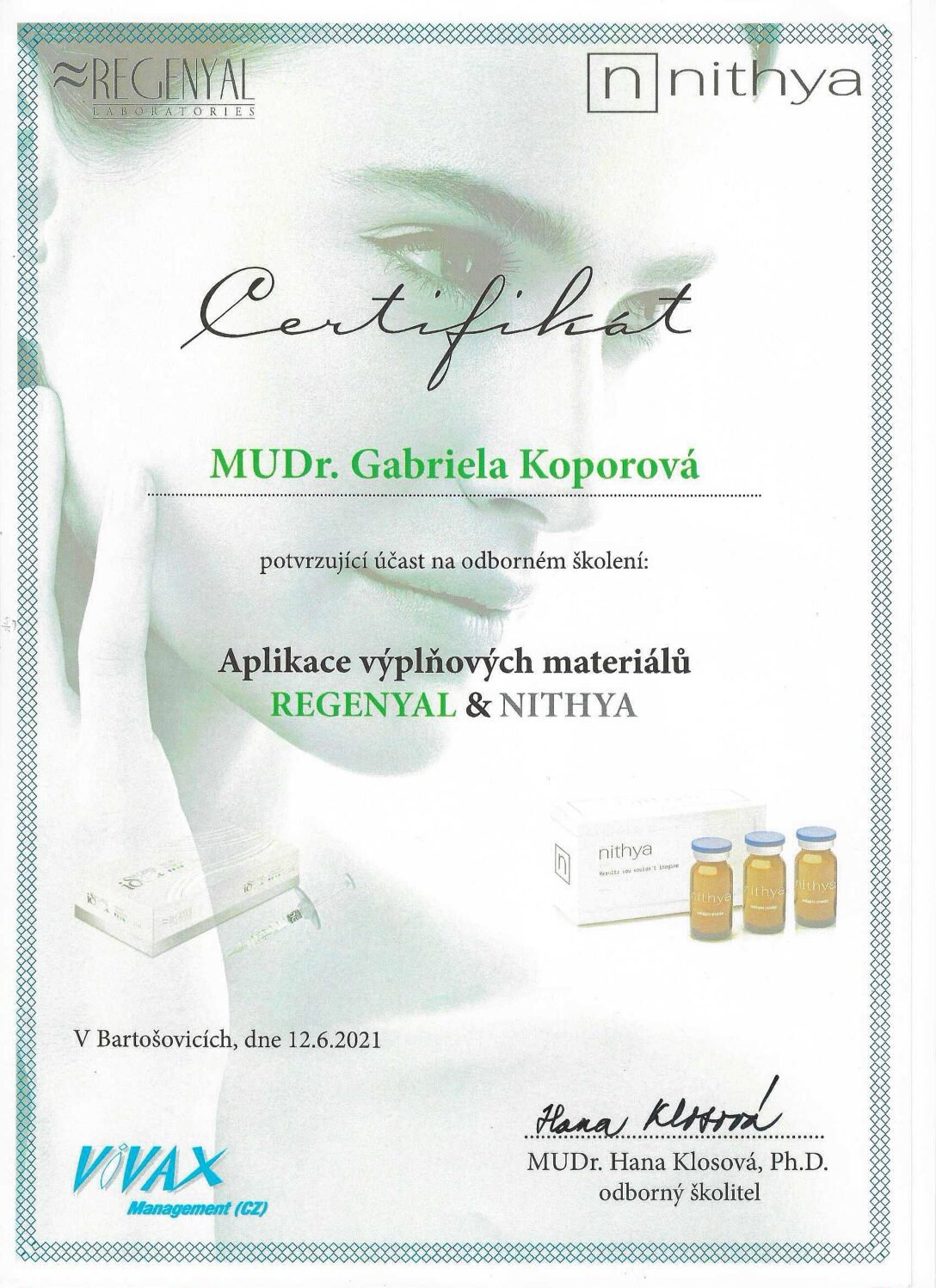 Certifikát — MUDr. Gabriela Konvičková